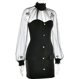 Sheer Long Sleeve Mock Neck Bodycon Mini Dress-Outfit