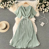 Pleated Dress Women Short Sleeve V Neck Solid A-line Dresses 2022 New Summer Chiffon Vacation Beach