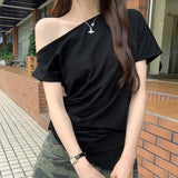 Seam Forked Irregular Shoulder Short-Sleeved T-Shirt Women's New Summer Design Feel Minority Lazy Style Beautiful Blouse-Outfit
