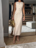 Summer New Round Collar Sleeveless Single Breasted High Waist Slim Party Banquet Long Dress-Outfit