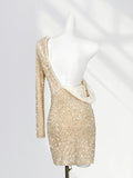 Toloer Lined Elegant French V Collar Sequin Wrapped Hip Skirt Slim Pleated Long Sleeve Skirt Gold Wind Velvet