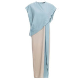Women Contrast Color Asymmetrical Ruffles Sashes Dress Round Neck Short Sleeve Loose Fashion Spring Summer 2023