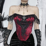 Autumn New Dark Composite Lace Blouse Female 2023Ins Online Celebrities With The Same Waist Splicing Sling-Outfit