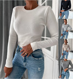 Hot Style Autumn And Winter Simple Pure Color Round Collar New Long Sleeve Knit Top Women-Outfit