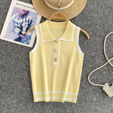 Style Striped Knitted Sleeveless Vest Women's Summer Collar Slimming Design Chic Beautiful Little Man