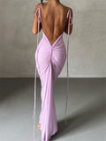 Women Sleeveless Lace-up Strap Sling Dress Summer Backless Ruched Party Long Dress V-neck Slim Fit Sexy Vestidos 2023-Outfit