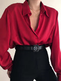 Women Button Blouses Turn Down Collar Shirts Office Lady Long Sleeve Casual Blouse Loose OL Shirt Baggy Tops Red/Wine Red /Black-Outfit