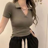 Polo Shirt Short Sleeve Straight Shoulder T-shirt Women New Short Tees Spicy Girls Design Sense Small People Slim Tops-Outfit