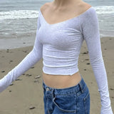 Summer Women's Wear European Station Ins Street Word Shoulder Solid Color Basic Slim Long-Sleeved T-Shirt-Outfit