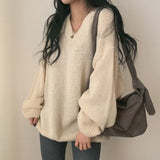 V-Neck Solid Color Pullover Sweater-Outfit