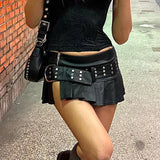 Wind Rivet Wide Belt Slit Leather Skirt 2024 Summer Hot Girl Low Waist Skirt Ebay New Short Skirt-Outfit
