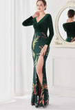 Winter Elegant Velvet With Sequins Deep V Neck Long Sleeve Slit Cocktail Eevening