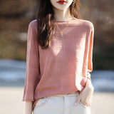Toloer And Summer Thin Round Collar Jacquard Wool Knit T-Shirt Women's Seven Minute Sleeve Solid Color Bottom Sweater Middle Sleeve Cashmere Top-Outfit