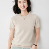 Toloer Female Round Collar Loose T-Shirt Inside Build Sweater Spring Autumn Base Outside Wear Short Sleeve Hair-Outfit