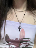 Double Layered Beads Cross Necklace-Outfit