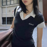Style POLO Collar Splicing Fake Two Short-Sleeved Blouses Slim And Simple Knitted T-Shirt Girl-Outfit