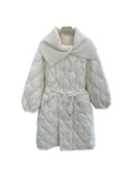 Ling Ge Knitting Collar Long Down Jacket Female 2024 Winter Fashion Thick Thin Belt Waist Show Thin Over The Knee Coat Tide-Outfit