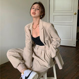 Casual Korean Blazer Suits Loose Two Piece Set Women Long Sleeve Coat and High Waist Harem Pants 2 Piece Outfits 2021