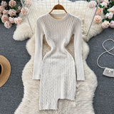 Irregular Solid Knitted Short Dress O Neck Long Sleeve Fashion Bodycon Dress Women Winter Streetwear OL Warm