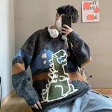 Autumn dinosaur cartoon print sweater male O-neck long-sleeved fashion knitted pullover male casual wild couple winter