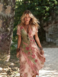 Women's Loose White Dress Creative Pattern Deep V Short-Sleeved