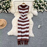 Slimming Striped Tuxedo Sweater Dress With Thin Knitted Dress Temperament