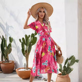 Women's Wear Station Summer Print Wrinkle Medium Long Short-Sleeved Dress-Outfit