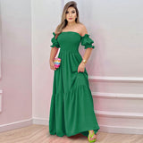 Women's Spring And Summer New Word Shoulder Print Folds Skirt Short Sleeve