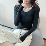 Autumn And Winter New Style Kengtiao Thin Knitted Blouse Woman V-Collar Slim Solid Color Cover Bottom Sweater-Outfit