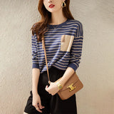 Toloer Round Collar Stripe Cashmere Knit Sweater Female Qiu Dong New Style Korean Version Temperament Loose Joker Bottom Unlined Upper Garment-Outfit