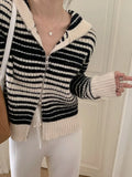 Vintage Stripe Hoodes Cardigans Double Zipper Women Chic Knitwear Autumn Ladies Cashmere Jacket Elegant Sweater