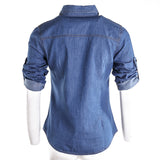 Women Retro Denim Shirts Autumn Clothes 2023 Adjustable Long Sleeve Stand-up Collar Single-breasted Slim Tops Streetwear-Outfit