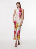 Women's Sexy Elegant Holiday Style Print Hanging Neck Tie Long Open