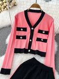 Winter Women Knitted Two Piece Sets Long Sleeve Knit Cardigan Sweater & Elastic Waist Wide Leg Pants Female Sweater