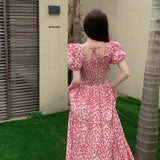 New Robe Women Fashion Loose Slash Neck Bubble Sleeve Elastic Waist Fragmented Flower Slim Breathable Long Dresses-Outfit