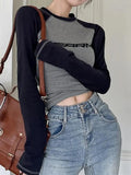 Raglan Contrast Color Slim Long Sleeve Tee-Outfit