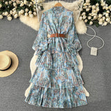 Collar Net Long-Sleeved Lotus Leaf Edge Printing Waist Fluffy Pendulum Dress Female Spring And Autumn Lantern Sleeve Cake Dress-Outfit