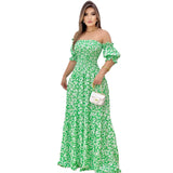 Women's Spring And Summer New Word Shoulder Print Folds Skirt Short Sleeve