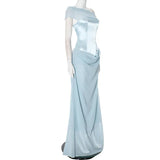 Blue Satin Corset Chiffon Off-shoulder Maxi Dress-Outfit