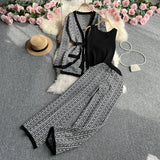 Toloer Suit Female Casual Temperament V Collar Waist Belt Knit Cardigan Jacket Three Piece Set High Waist Wide Leg
