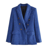 Blue Office Ladies Blazer Coat Woolen Tweed Double Breasted Slim Jacket With Pocket Fashion Outwear Veste Femme Tops
