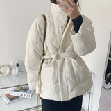 Autumn Winter Argyle Pattern Women Stand Collar Oversized Down Jacket 2022 Fashion Single-breasted Solid Parka Lace-up Chic