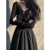 Toloer Hepburn V Neck Long Sleeve Knitted Dress Female Summer French With A Waist Show Long Skirt-Outfit