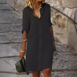 Ms.'S New Solid-Color Casual Casual Collar Single-D Row Buckle Sleeve Cotton Shirt Mid-Long Dress