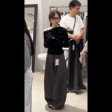 Autumn New Lazy Style Slanted Shoulder Long Sleeve Top With Loose Feeling Wide Leg Trousers