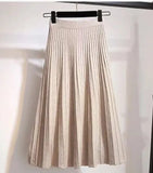 And Winter College Style High Waist Pleated Knitted Skirt Medium-Long Style Full-Length Bag Buttocks Korean Version Show Thin And Large A-Shaped Skirt-Outfit