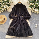 Spring And Summer New Lantern Sleeve Retro Hollow Lace Splicing Single Buckle Loose Lace Dress Dress