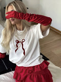 Sale Of Retro Simple Bow Print T-Shirts For Girls In Summer Loose Round-Neck Pure Cotton Short