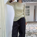 Women Y2K Long Sleeve Tops Casual Solid Color Loose Pullover Sun Protection Streetwear Aesthetic Transparent T-Shirts-Outfit