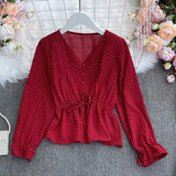 New Spring Fashion All-match V-neck flared sleeve Shirt lace up waist slim dot Long Sleeve Shirt